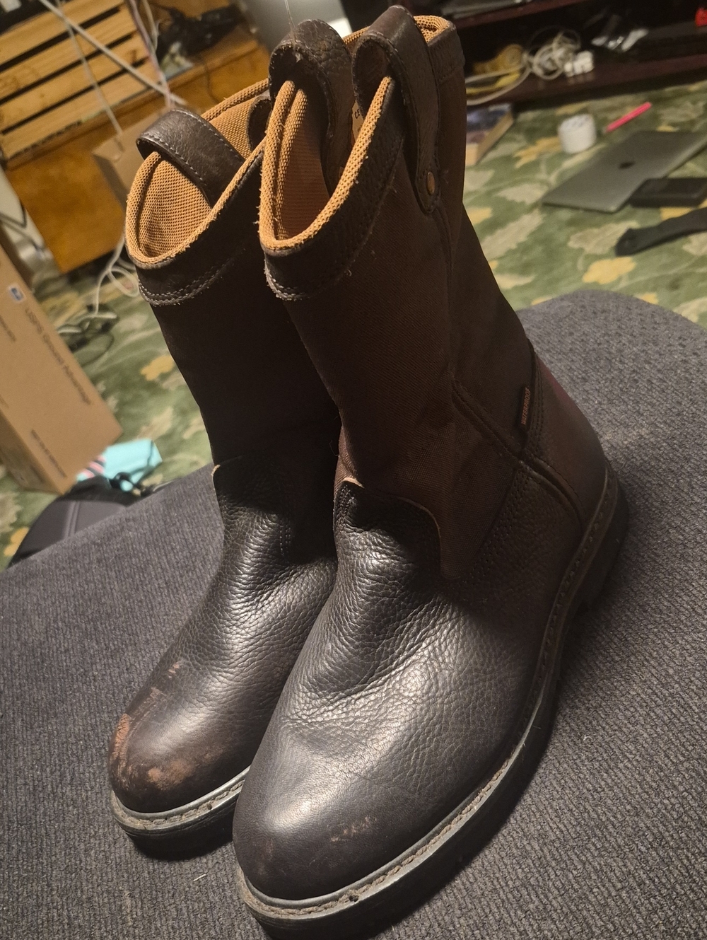 Men's Brown and Black Pull-On Work Boots